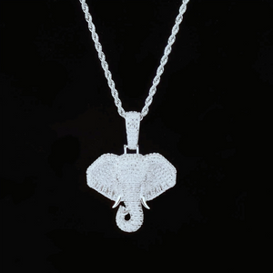 Front studio shot of silver finish iced micro paved pharaoh elephant head pendant necklace, fully encrusted with AAA cubic zirconia stones, paired with silver rope chain, clean solid black background, hip hop mens iced out elephant charm street jewelry RDRIP JEWELRY

