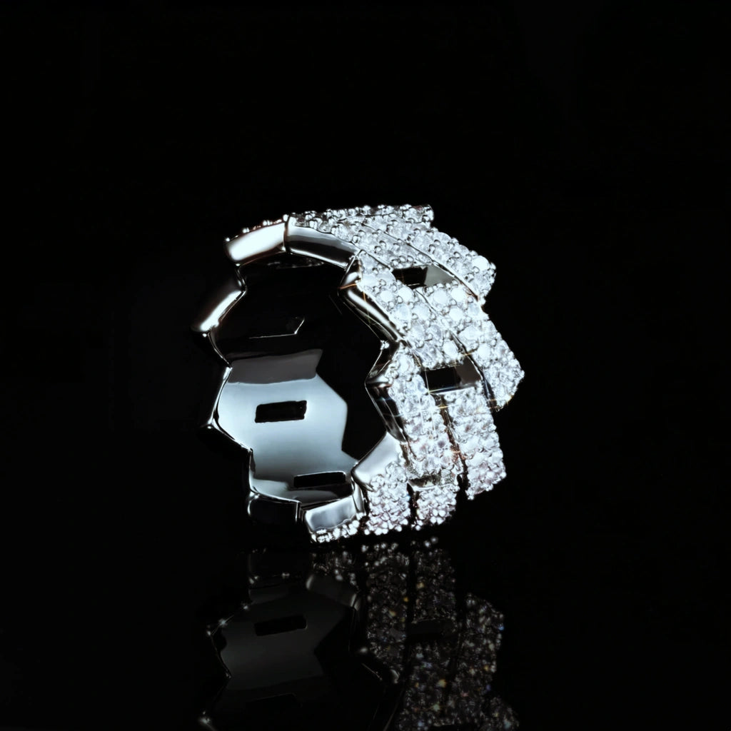 Iced Out 2‑Row Micro‑Paved AAA CZ Miami Cuban Lock Ring for men, wide 14mm rhodium plated hip hop bling jewelry, full micro paved sparkling cubic zirconia stones, hollow lock design statement ring RDRIP JEWELRY
