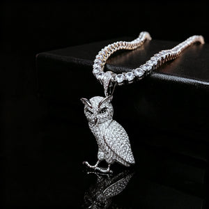 Iced Out Full Pave 3D Owl Pendant, full micro pave cubic zirconia bling owl charm necklace, realistic 3D hip hop animal pendant displayed on black reflective surface with black gift box, mens iced out streetwear jewelry RDRIP JEWELRY
