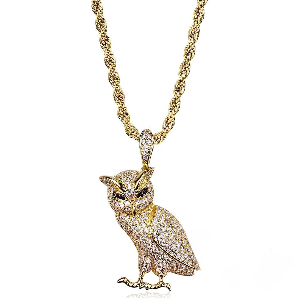 Iced Out Full Pave 3D Owl Pendant gold plated finish with gold twisted rope chain, fully micro pave cubic zirconia owl charm necklace, studio product shot on clean pure white background, gold tone hip hop iced animal pendant for men RDRIP JEWELRY
