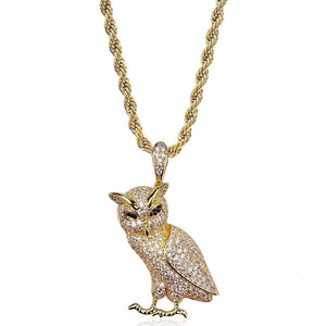 Iced Out Full Pave 3D Owl Pendant gold plated finish with gold twisted rope chain, fully micro pave cubic zirconia owl charm necklace, studio product shot on clean pure white background, gold tone hip hop iced animal pendant for men RDRIP JEWELRY
