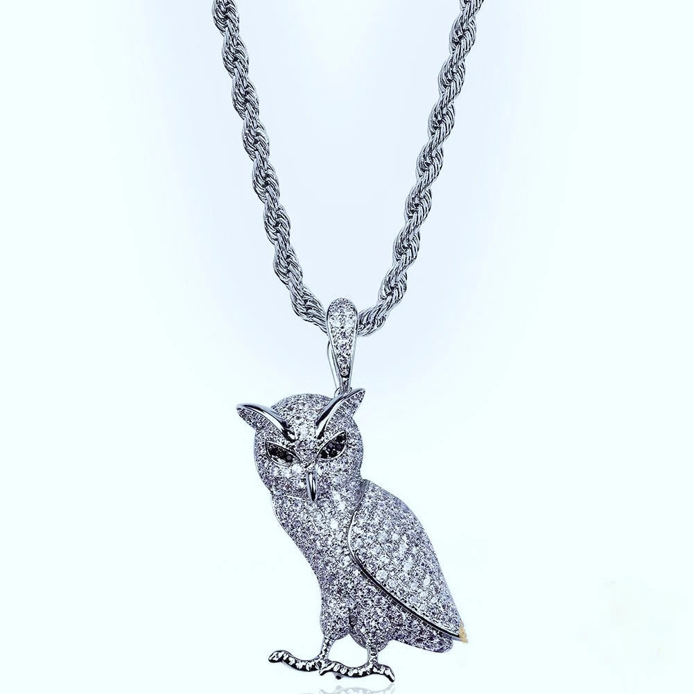 Iced Out Full Pave 3D Owl Pendant silver tone finish with silver twisted rope chain, fully micro pave cubic zirconia owl charm necklace, clean studio product photograph on plain white background, silver hip hop iced out animal pendant jewelry for men RDRIP JEWELRY
