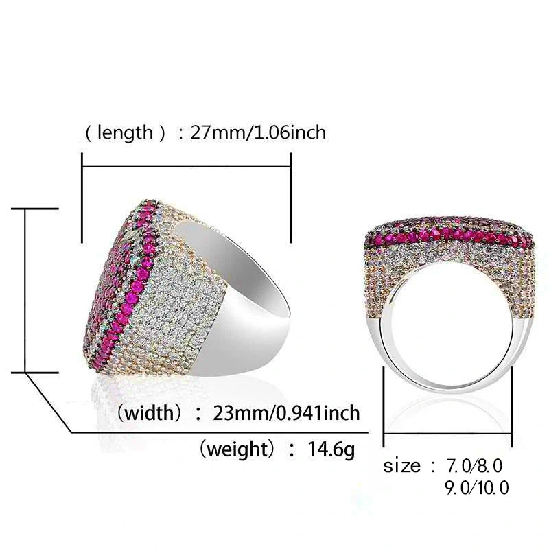 Product dimension infographic chart for magenta pink iced out pave love heart hip hop ring, marked length 27mm width 23mm weight 14.6g available ring sizes 7 8 9 10, dual‑angle ring display with measurement labels, full micro pave AAA cubic zirconia heart statement ring, white background specification graphic for streetwear rapper jewelry RDRIP JEWELRY
