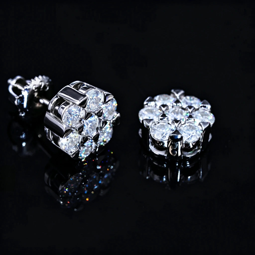 Iced Out S925 Sterling Silver Round 7 Stone Flower Cluster VVS Moissanite Screw Back Stud Earrings Hip Hop Mens Jewelry RDRIP JEWELRY
