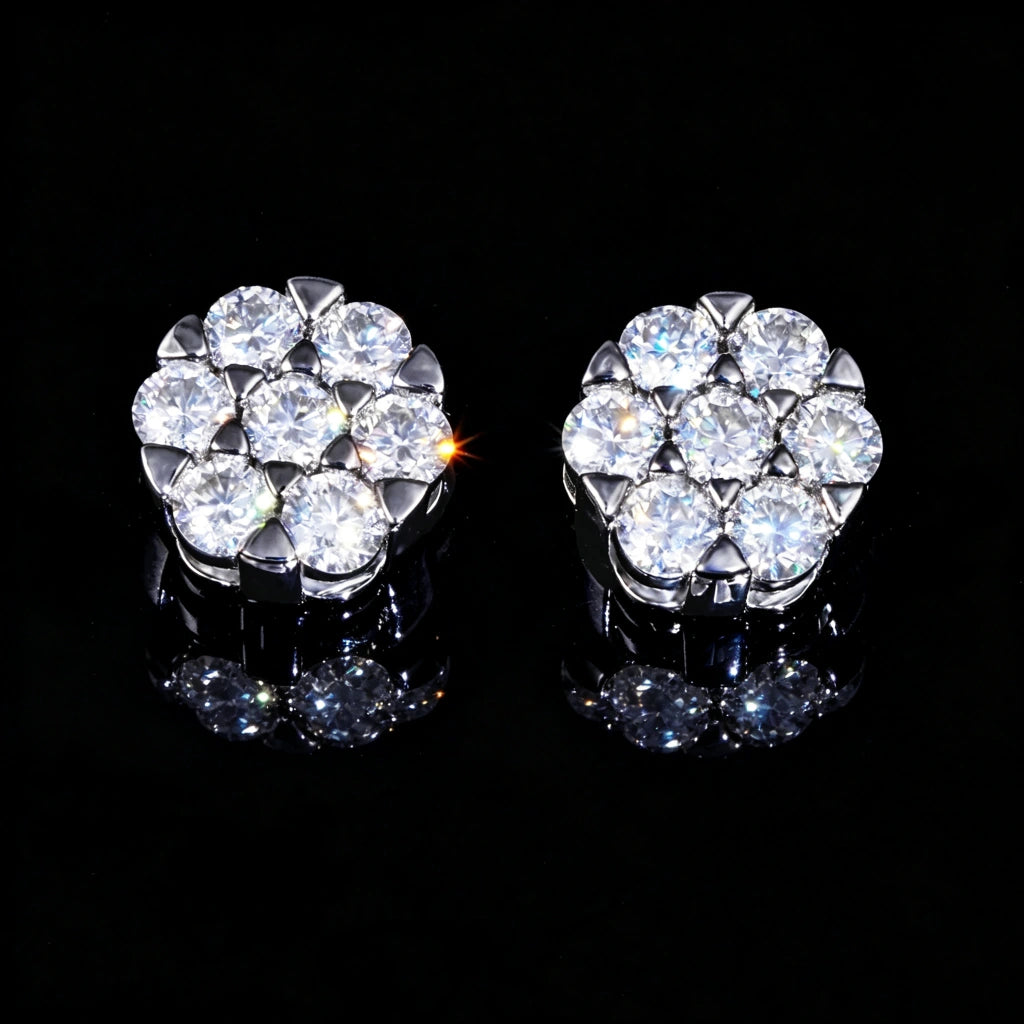 Iced Out S925 Sterling Silver Round 7 Stone Flower Cluster VVS Moissanite Stud Earrings Hip Hop Men Jewelry On Black Glossy Reflective Surface RDRIP JEWELRY
