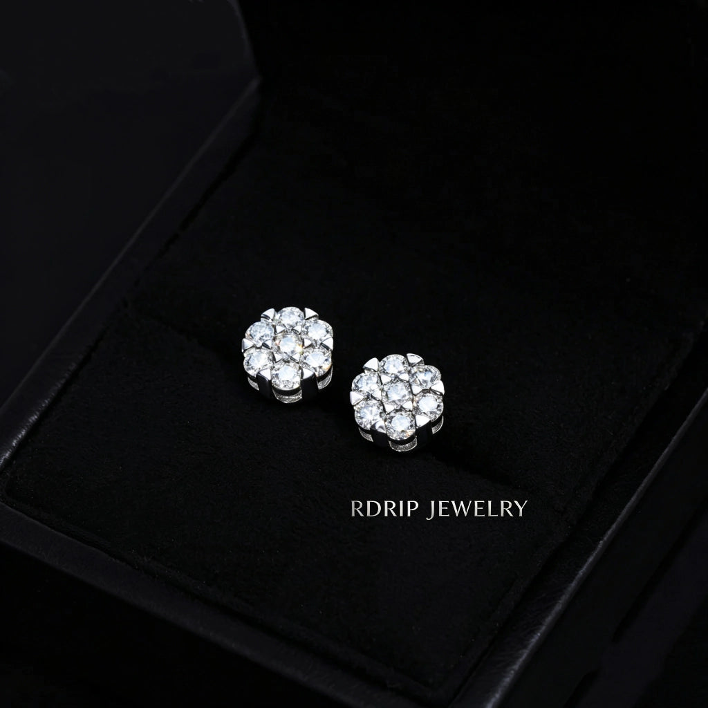 Iced Out S925 Sterling Silver Round 7 Stone Flower Cluster VVS Moissanite Stud Earrings Displayed In Black Jewelry Box Hip Hop Mens Jewelry RDRIP JEWELRY
