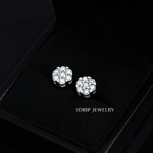Iced Out S925 Sterling Silver Round 7 Stone Flower Cluster VVS Moissanite Stud Earrings Displayed In Black Jewelry Box Hip Hop Mens Jewelry RDRIP JEWELRY
