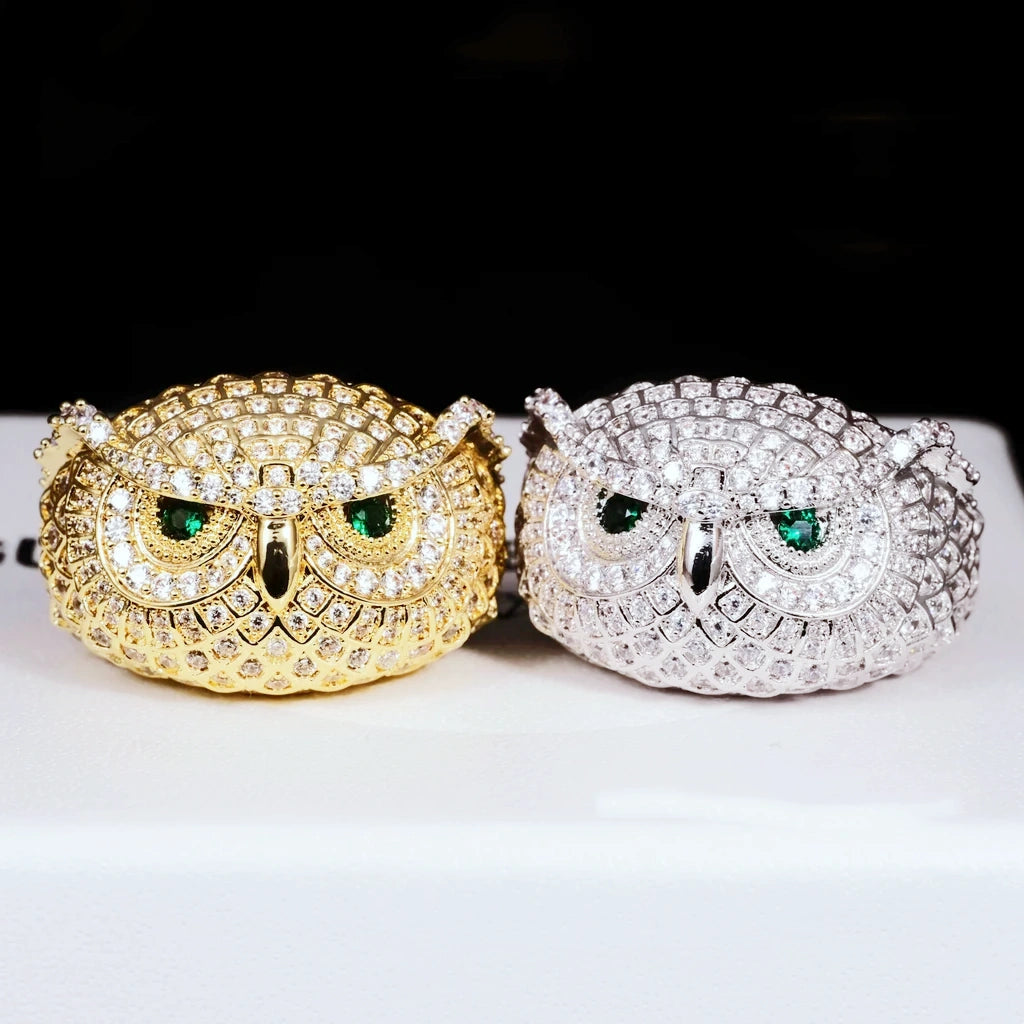 Iced Owl King Ring two‑tone gold and silver version side‑by‑side shot, heavy iced out owl hip hop men ring with vivid emerald green eyes, full micro paved flawless VVS simulated diamonds, premium 18K and white gold plated streetwear statement jewelry for men RDRIP JEWELRY
