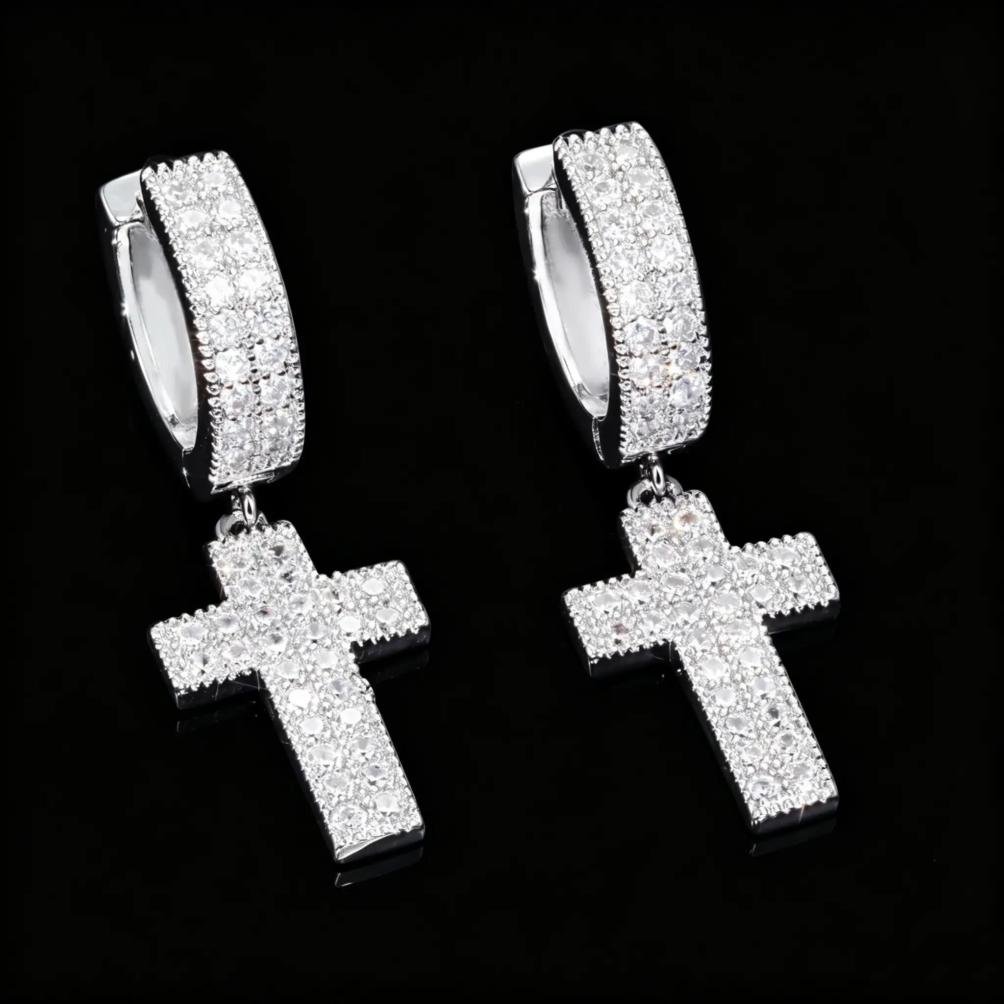 Iced out micro pave VVS simulated diamond cross drop huggie hoop earrings, silver plated unisex hip hop dangle cross earrings bling urban fashion jewelry for men women, RDRIP JEWELRY
