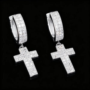 Iced out micro pave VVS simulated diamond cross drop huggie hoop earrings, silver plated unisex hip hop dangle cross earrings bling urban fashion jewelry for men women, RDRIP JEWELRY
