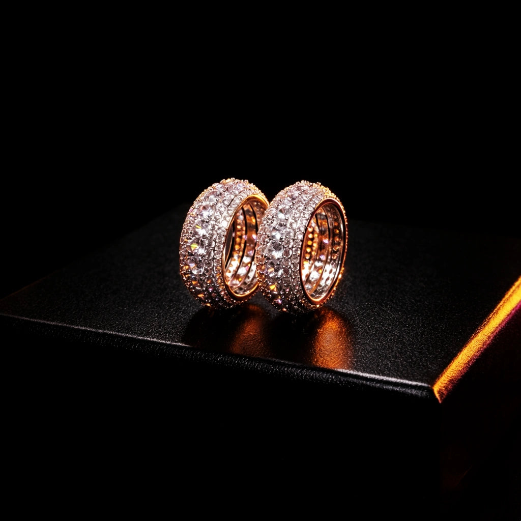 Micro‑Pave CZ Iced Out Wide Eternity Ring dark black studio product shot, hand set flawless VVS simulated diamonds 10mm wide band copper 18K white gold plated icy hip hop statement rings for men women RDRIP JEWELRY
