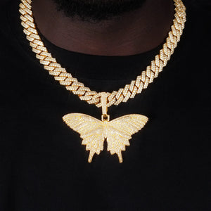 Micro‑pave iced out 18k gold plated butterfly pendant necklace worn on model with iced miami cuban link chain fully paved flawless VVS simulated diamonds hip hop street fashion wearing shot for men RDRIP JEWELRY
