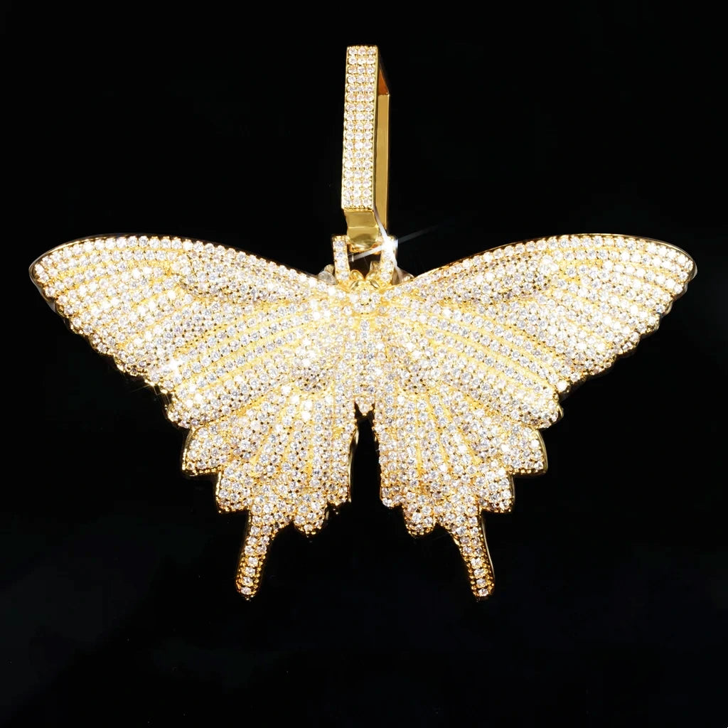 Micro‑pave iced out 18k gold plated butterfly pendant necklace full covered flawless VVS simulated diamonds premium street hip hop jewelry for men women black background clean shot RDRIP JEWELRY
