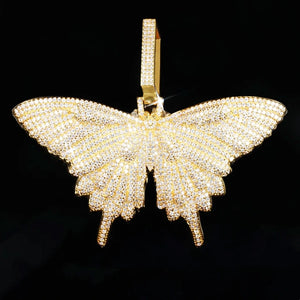Micro‑pave iced out 18k gold plated butterfly pendant necklace full covered flawless VVS simulated diamonds premium street hip hop jewelry for men women black background clean shot RDRIP JEWELRY
