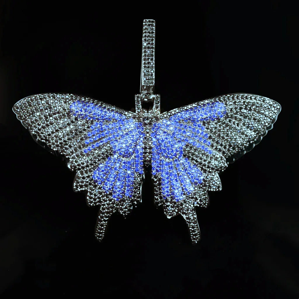 Micro‑pave iced out blue black butterfly pendant necklace black gunmetal finish front view full paved flawless VVS simulated diamonds hip hop bling street jewelry for men women RDRIP JEWELRY
