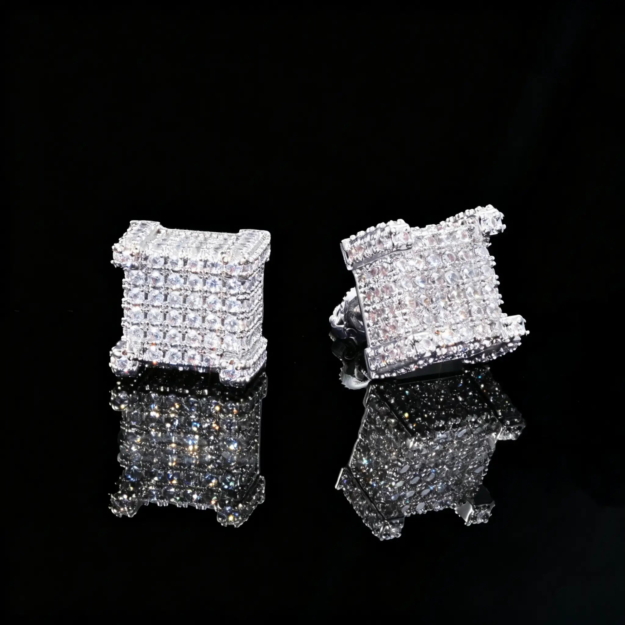 Silver Tone Micro Pave Iced Out Border Cube Stud Earrings, Flawless VVS Simulated Diamond Screw Back Streetwear Hip Hop Jewelry For Men RDRIP JEWELRY
