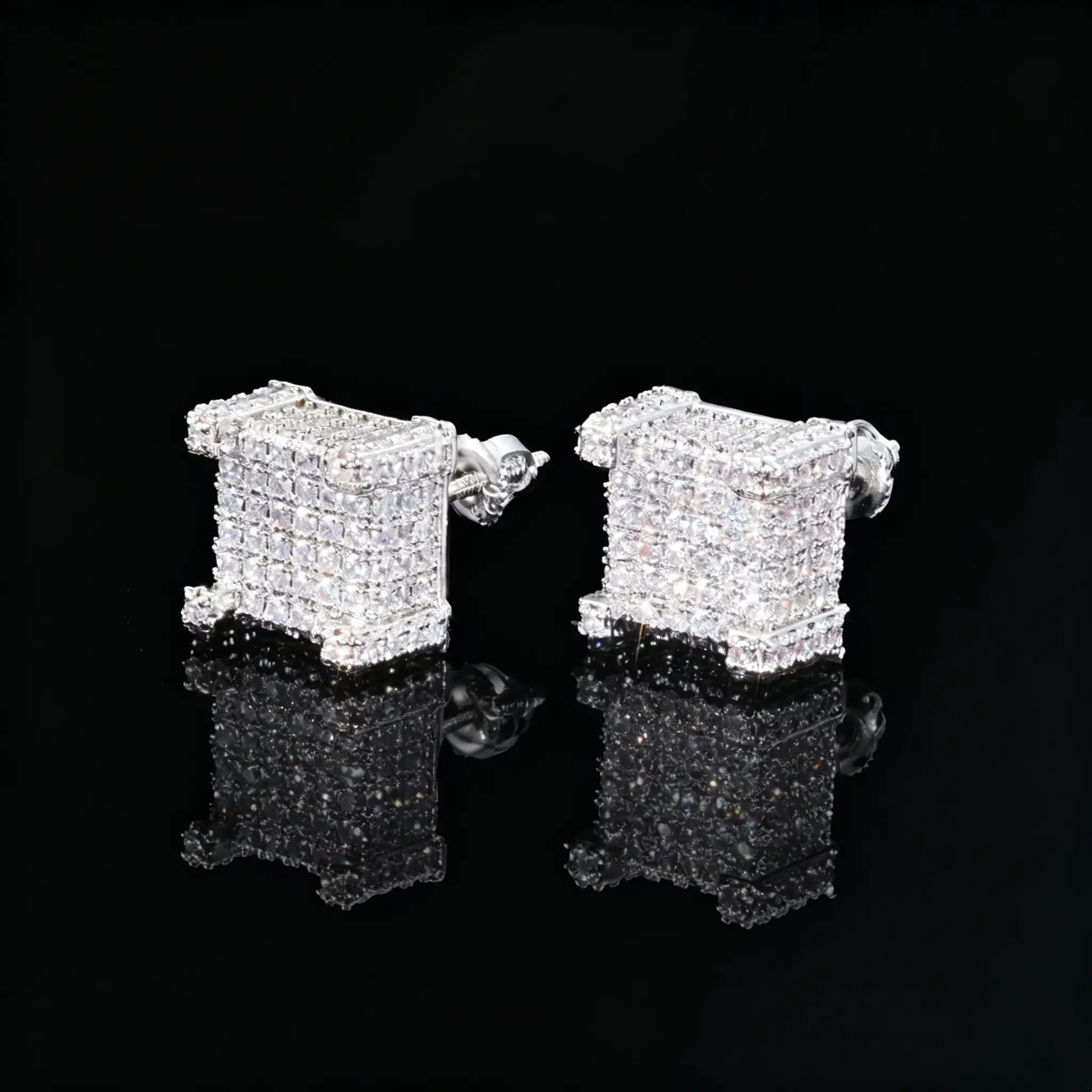 Side View of Silver Tone Micro Pave Iced Out Border Cube Stud Earrings, Flawless VVS Simulated Diamond 18K White Gold Plated Mens Streetwear Screw Back Stud Earrings RDRIP JEWELRY
