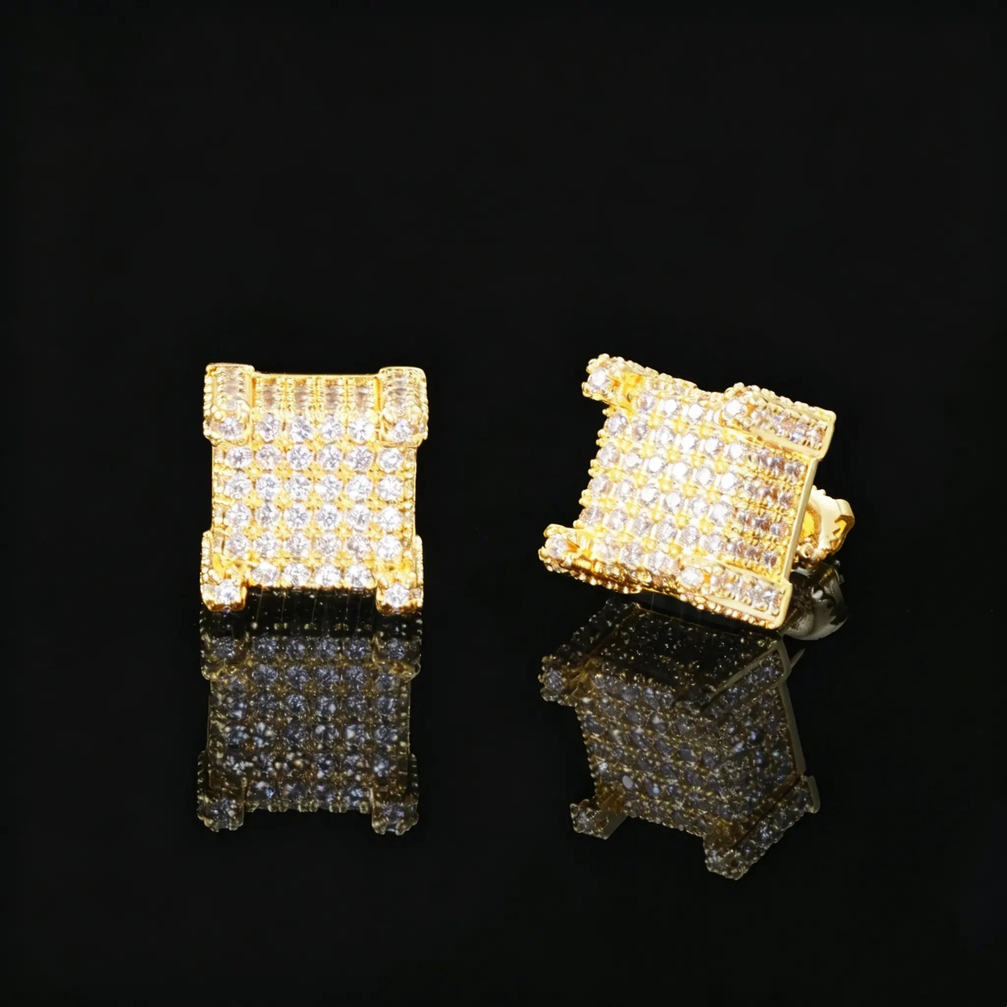 Micro Pave Iced Out Border Cube Stud Earrings, Flawless VVS Simulated Diamond 18k Gold Plated Square Hip Hop Jewelry Screw Back Stud Earrings For Men RDRIP JEWELRY
