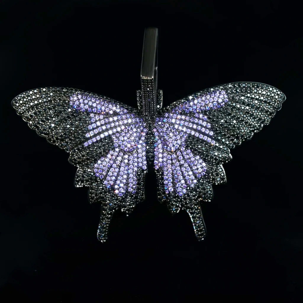 Micro‑Pave iced out purple black butterfly pendant necklace black gunmetal finish full paved flawless VVS simulated diamonds hip hop street jewelry for men women RDRIP JEWELRY
