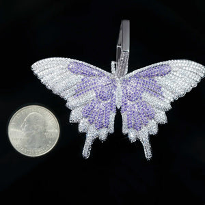 Micro‑pave iced out purple white butterfly pendant necklace white gold finish size comparison with US quarter coin full paved flawless VVS simulated diamonds hip hop bling jewelry for men women RDRIP JEWELRY
