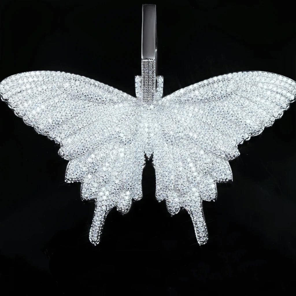 Micro‑pave iced out white gold butterfly pendant necklace fully covered flawless VVS simulated diamonds bling hip hop street jewelry for men women close up shot RDRIP JEWELRY
