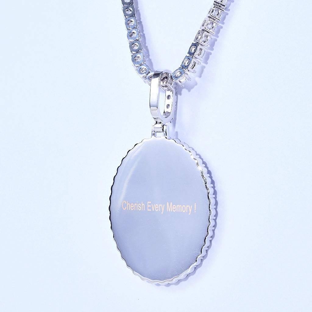 Back view of Oval Round Halo Custom Photo Pendant, silver personalized custom picture medallion engraved with "Cherish Every Memory", hip hop memorial photo necklace paired with icy tennis chain