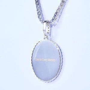 Back view of Oval Round Halo Custom Photo Pendant, silver personalized custom picture medallion engraved with "Cherish Every Memory", hip hop memorial photo necklace paired with icy tennis chain