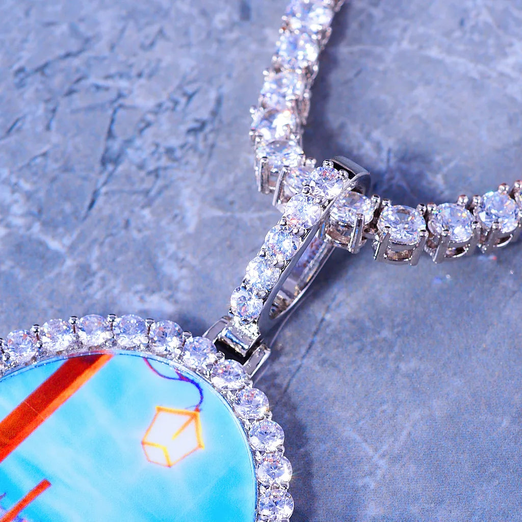 Close up detail shot of Oval Round Halo Custom Photo Pendant, fully iced diamond bail connector and halo frame, hip hop custom picture medallion necklace by RDRIP JEWELRY

