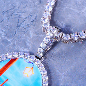 Close up detail shot of Oval Round Halo Custom Photo Pendant, fully iced diamond bail connector and halo frame, hip hop custom picture medallion necklace by RDRIP JEWELRY
