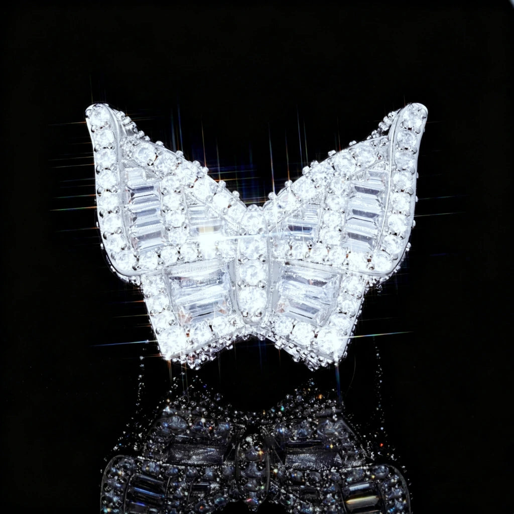 Front closeup shot Oversized 3D Butterfly Iced Ring Full Micro‑Pave Baguette AAA cubic zirconia men hip hop bling jewelry sparkling icy stones black reflective background top view detail shot RDRIP JEWELRY

