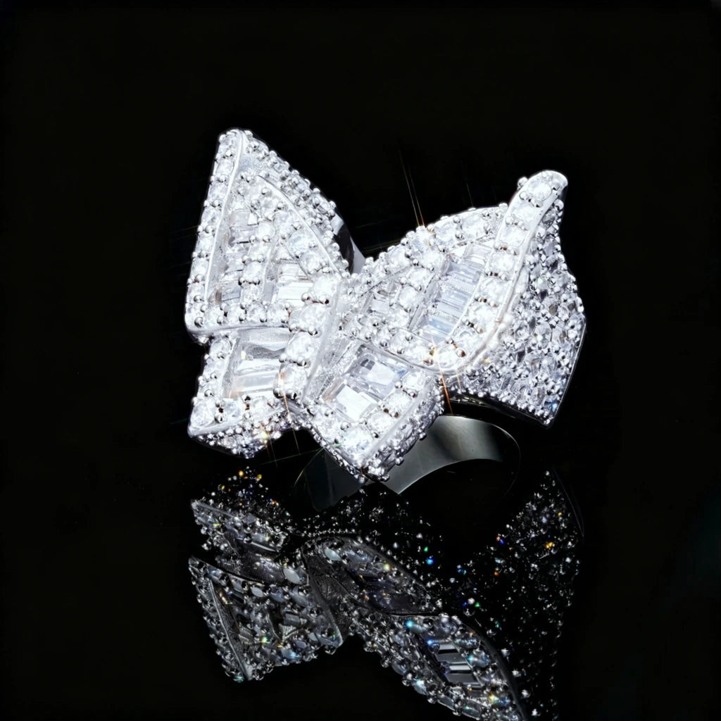 Oversized 3D Butterfly Iced Ring Full Micro‑Pave Baguette cut AAA cubic zirconia bling hip hop mens statement ring black reflective background shot icy iced out jewelry RDRIP JEWELRY
