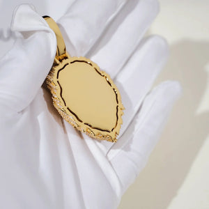 Premium Full Pave Iced‑Out Lion Head Pendant back view smooth engravable metal surface,18K gold plated men hip hop bling jewelry closeup shot held in white glove,RDRIP JEWELRY
