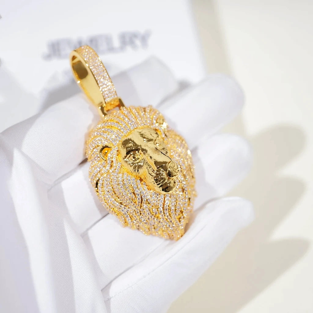 Premium Full Pave Iced‑Out Lion Head Pendant close up shot held in white cotton glove,detailed view of full pave stone bail and 3D lion mane,18K gold plated VVS simulated diamond men hip hop statement jewelry,RDRIP JEWELRY
