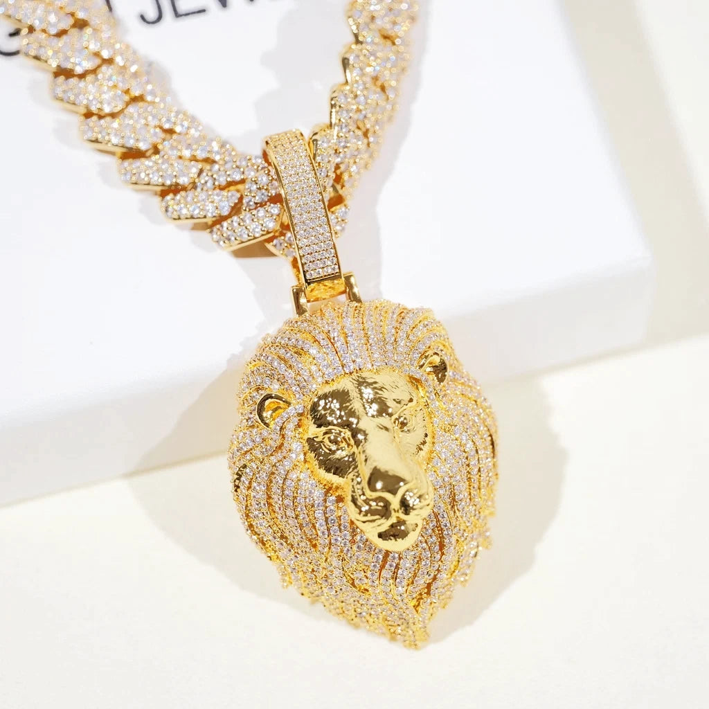 Premium Full Pave Iced‑Out Lion Head Pendant Necklace,18K gold plated realistic 3D lion head design,full pave VVS cubic zirconia bling statement men hip hop jewelry,RDRIP JEWELRY
