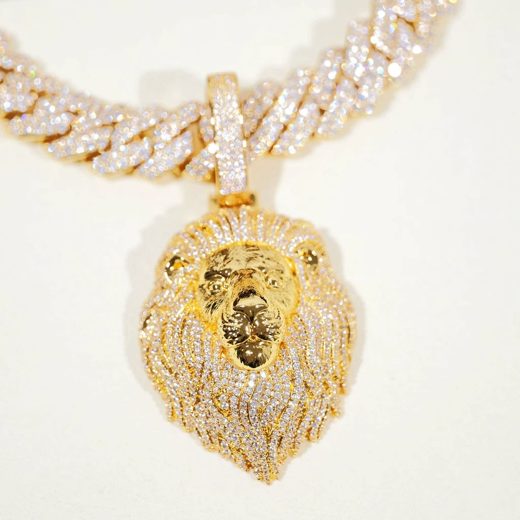 Premium Full Pave Iced‑Out Lion Head Pendant matched with iced cuban link chain studio closeup shot,18K gold plated full pave VVS simulated diamonds men hip hop bling necklace set,RDRIP JEWELRY
