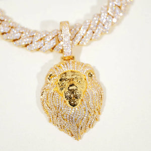 Premium Full Pave Iced‑Out Lion Head Pendant matched with iced cuban link chain studio closeup shot,18K gold plated full pave VVS simulated diamonds men hip hop bling necklace set,RDRIP JEWELRY
