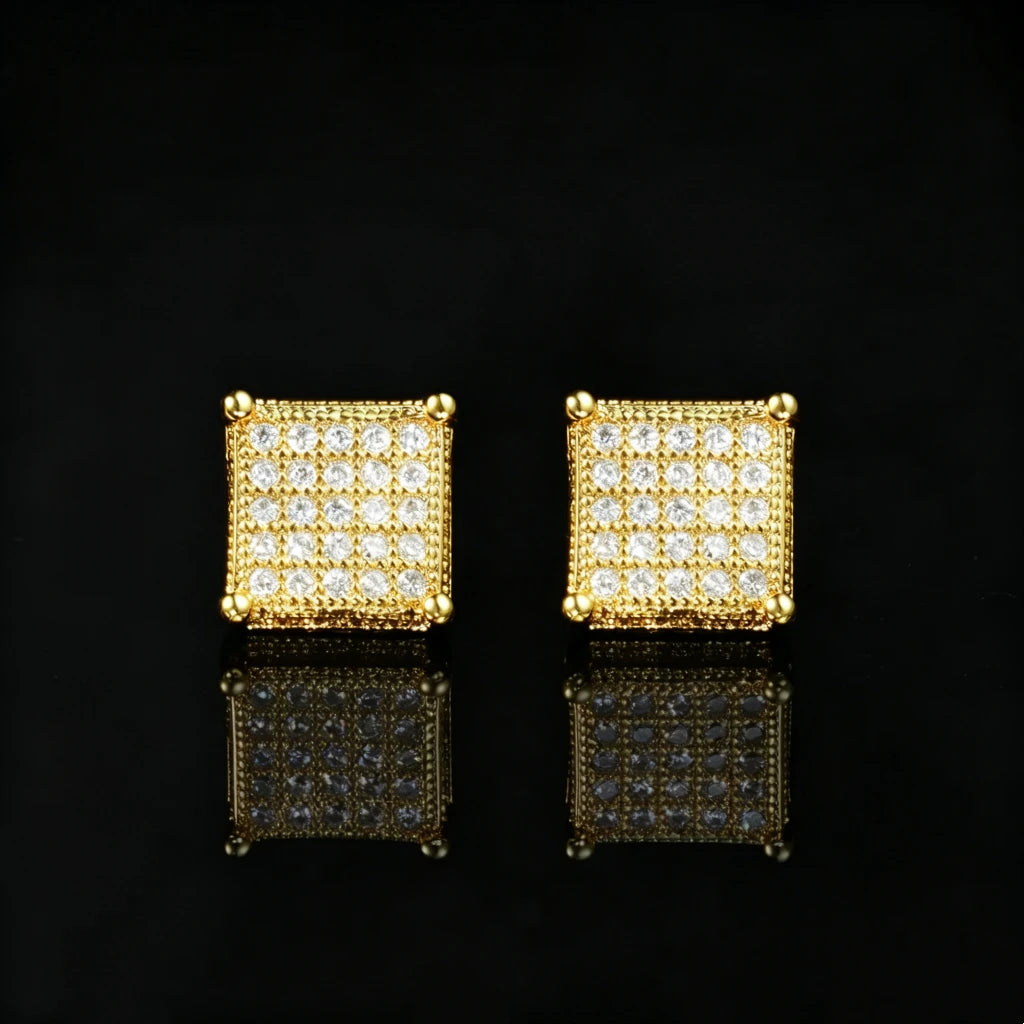 18K gold plated Quad Corner Iced Square Stud Earrings, fully micro pave VVS simulated diamond square hip hop stud earrings for men, square grid iced out earrings with four corner ball details, black reflective surface
