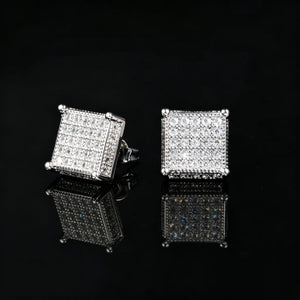 Silver plated Quad Corner Iced Square Stud Earrings, fully micro pave VVS simulated diamond square hip hop stud earrings for men, square grid iced out earrings with four corner ball details on black reflective background
