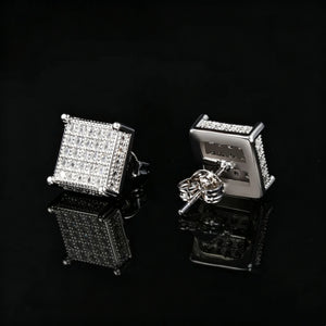 Silver plated Quad Corner Iced Square Stud Earrings, front and back view showing screw stud backing, fully micro pave VVS simulated diamond square hip hop earrings for men, four corner ball details on black reflective surface
