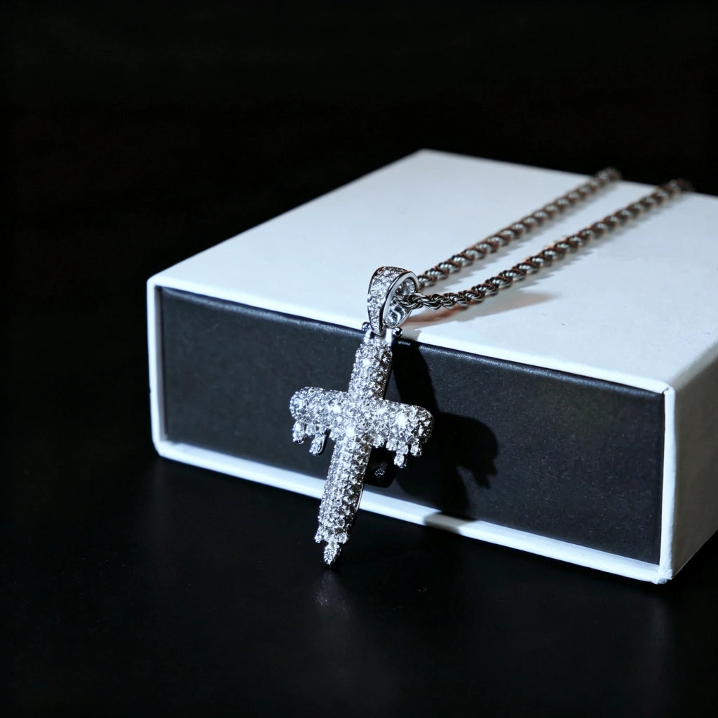 RDRIP JEWELRY SINCE 2016 Iced Out Dripping Cross Pendant displayed with premium gift box, fully micro paved cubic zirconia melting drip cross hip hop pendant with twisted rope chain, silver iced out men streetwear jewelry gift for hip hop lovers
