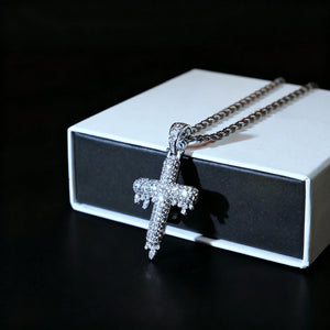 RDRIP JEWELRY SINCE 2016 Iced Out Dripping Cross Pendant displayed with premium gift box, fully micro paved cubic zirconia melting drip cross hip hop pendant with twisted rope chain, silver iced out men streetwear jewelry gift for hip hop lovers
