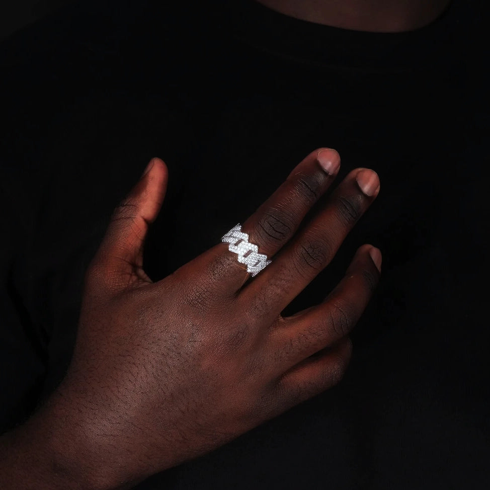 Lifestyle closeup shot of rhodium plated Iced Out 2‑Row Micro‑Paved AAA CZ Miami Cuban Lock Ring worn on male hand, sparkling full micro pave cubic zirconia stones, wide 14mm mens hip hop bling ring RDRIP JEWELRY
