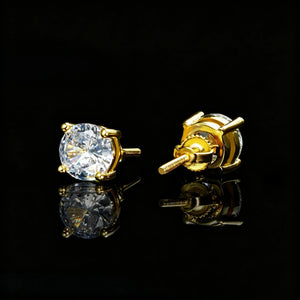 Round Solitaire 4 Prong Screw Back Stud Earrings gold plated back view, four prong VVS simulated diamond round studs, visible screw back locking closure, premium bling unisex hip hop earrings for men, RDRIP JEWELRY