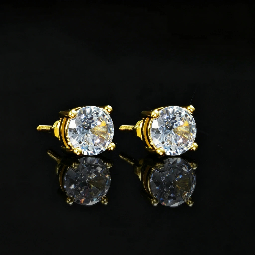 Round Solitaire 4 Prong Screw Back Stud Earrings, 18k gold plated four prong VVS simulated diamond round studs, secure screw back locking closure, classic bling unisex hip hop earrings for men, RDRIP JEWELRY