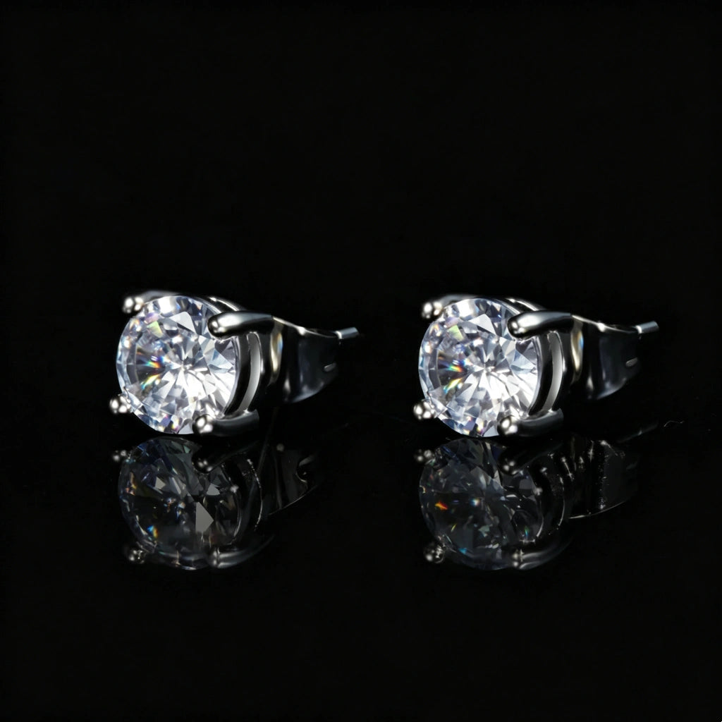 Round Solitaire 4 Prong Screw Back Stud Earrings silver plated back view, four prong VVS simulated diamond round studs, visible screw back locking closure, premium bling unisex hip hop earrings for men, RDRIP JEWELRY
