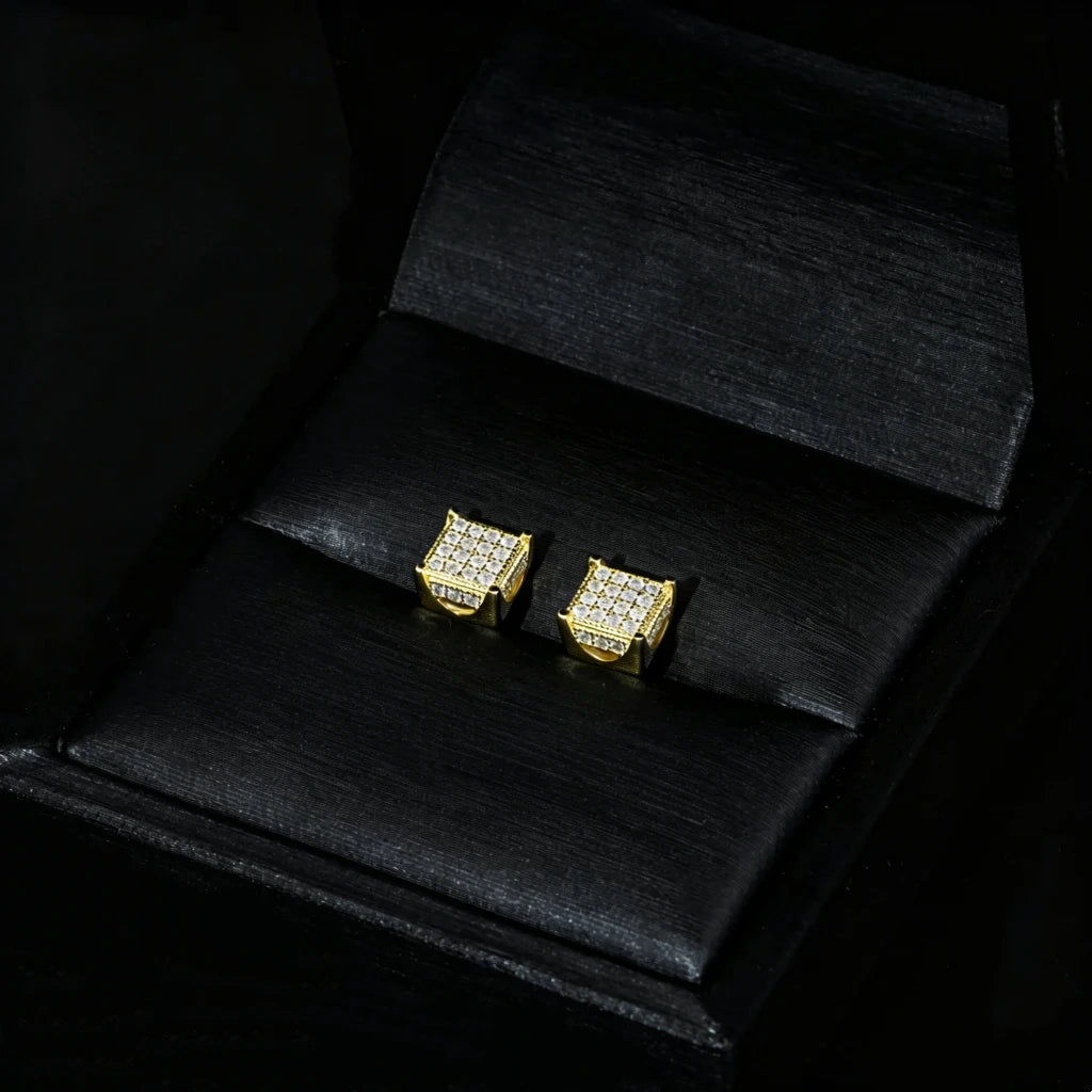 18K Gold Plated S925 Silver VVS Moissanite Micro Pave Border Cube Stud Earrings, paired 3D iced square earrings showcased inside premium black gift box, men hip hop screw back jewelry, RDRIP JEWELRY
