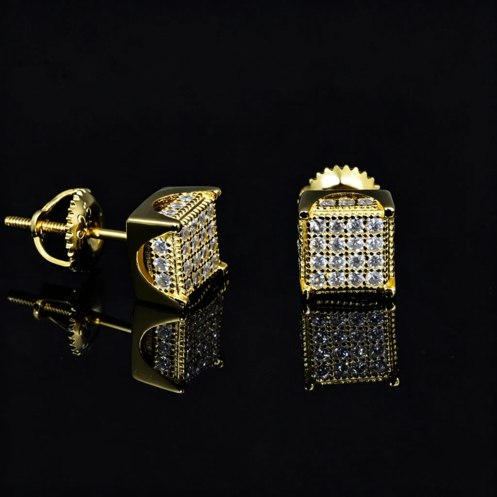 18K Gold Plated S925 Silver VVS Moissanite Micro Pave Border Cube Stud Earrings, dual angle view showing 3D iced cube design and screw back ear nuts, hip hop square earrings on reflective black surface, RDRIP JEWELRY
