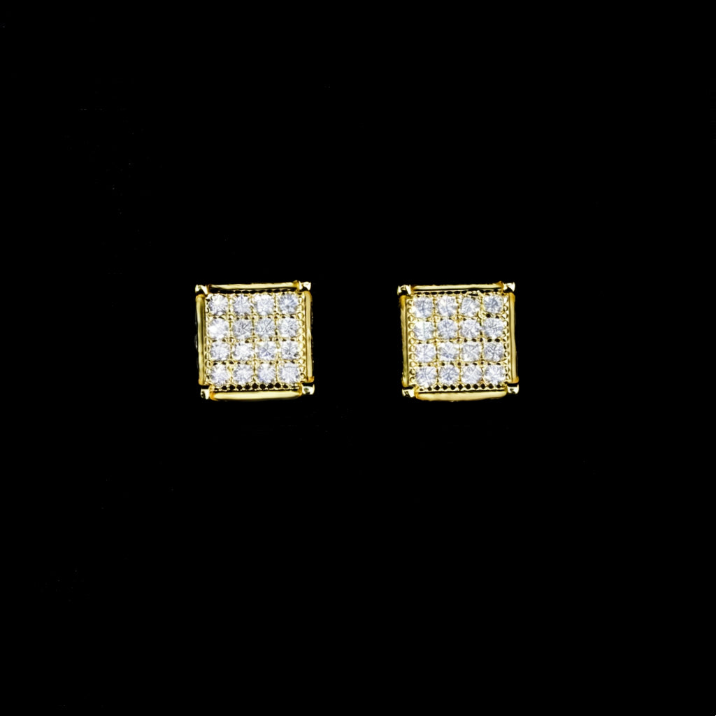18K Gold Plated S925 Silver VVS Moissanite Micro Pave Border Cube Stud Earrings, paired square iced hip hop earrings displayed on black silk inside luxury gift box, screw back men jewelry, RDRIP JEWELRY

