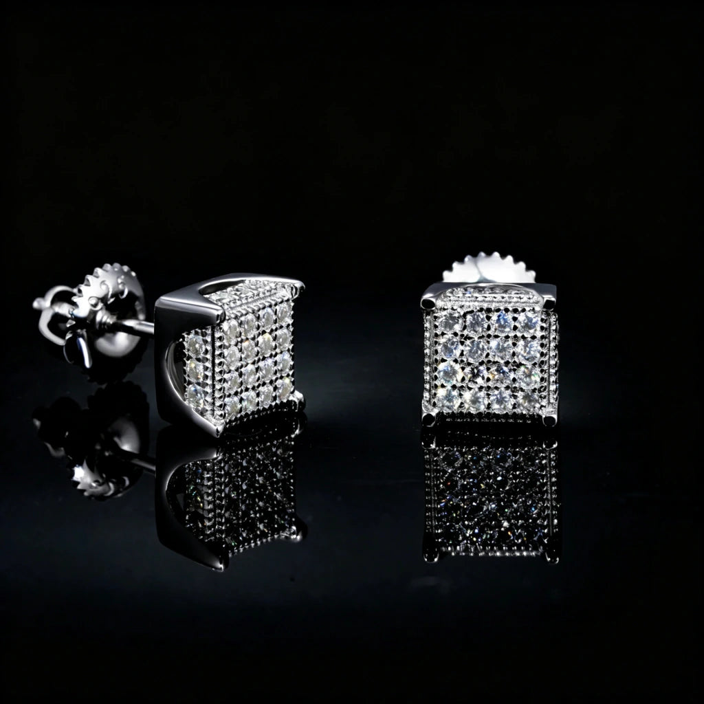 S925 Silver VVS Moissanite Micro Pave Border Cube Stud Earrings, dual angle shot showing 3D iced cube design and screw back ear nuts, hip hop square stud jewelry, RDRIP JEWELRY
