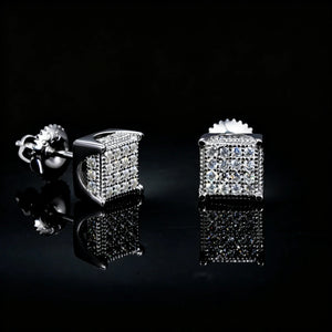 S925 Silver VVS Moissanite Micro Pave Border Cube Stud Earrings, dual angle shot showing 3D iced cube design and screw back ear nuts, hip hop square stud jewelry, RDRIP JEWELRY
